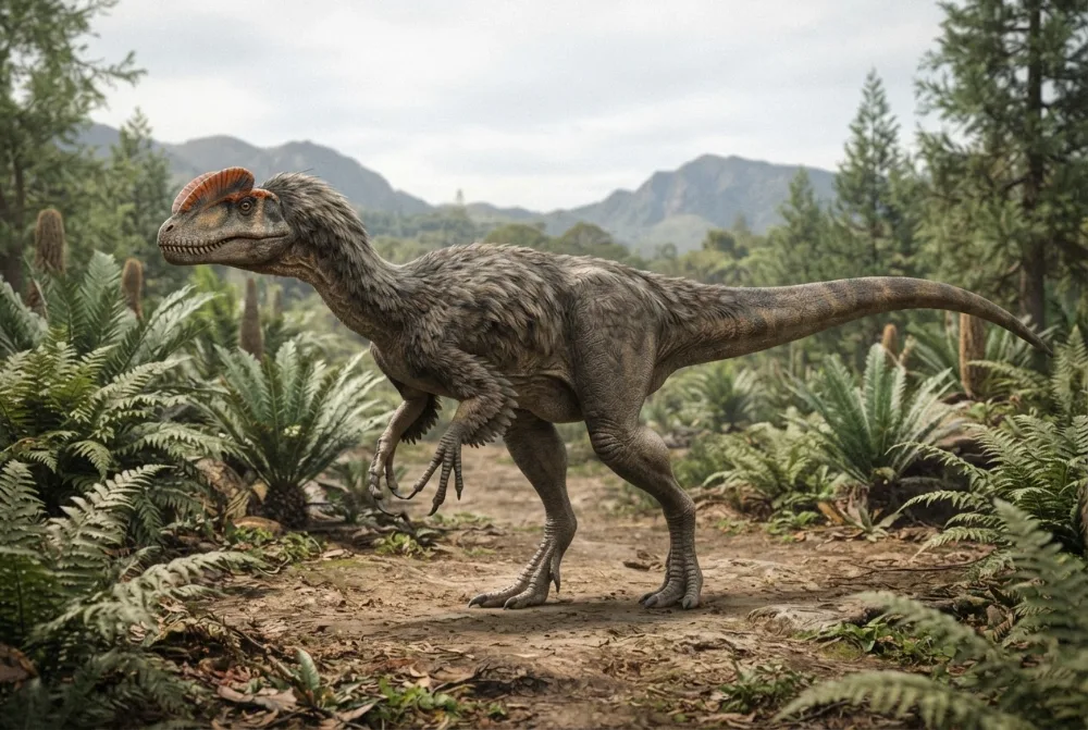Dilophosaurus, tehisaru joonistatud