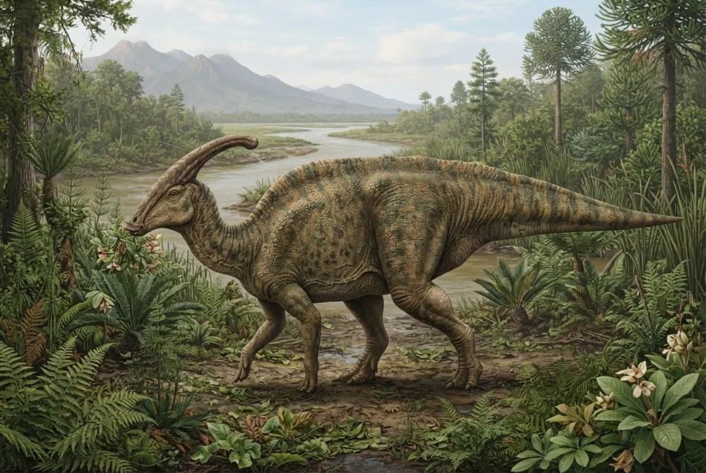 Parasaurolophus, tehisaru joonistatud