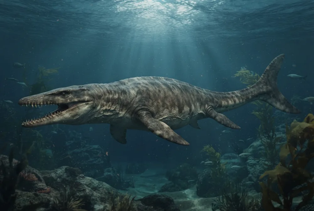 Tylosaurus, tehisaru joonistatud